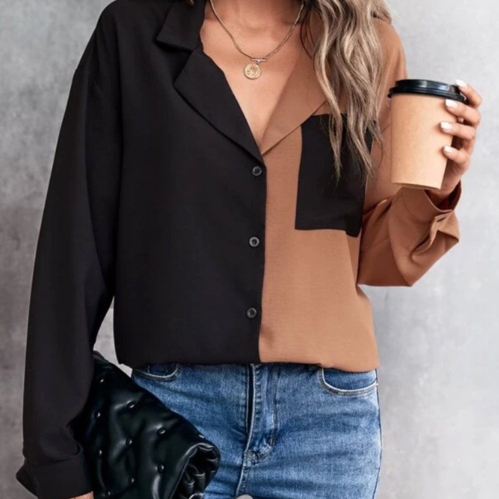 SHEIN Two-Tone Black and Brown Button-Down Shirt